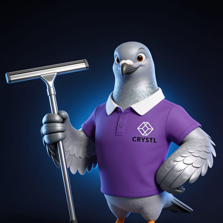 The Crystl pigeon mascot in a purple Crystl polo shirt holding a squeegee