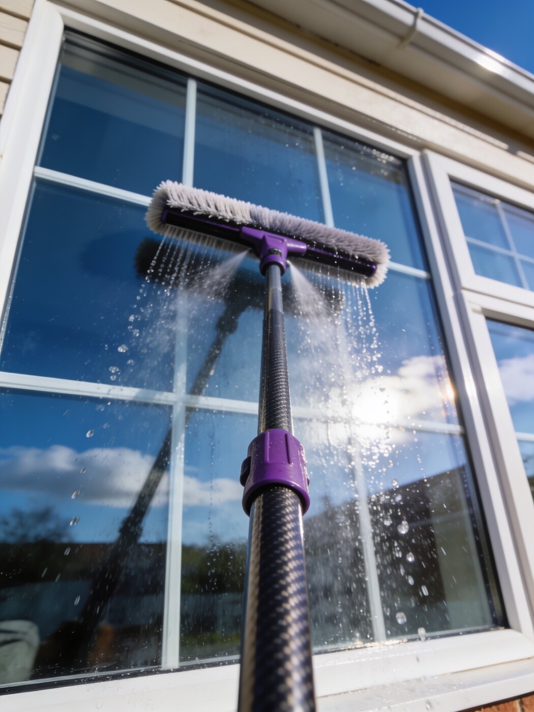 A water-fed pole brushing a tall exterior window with pure water