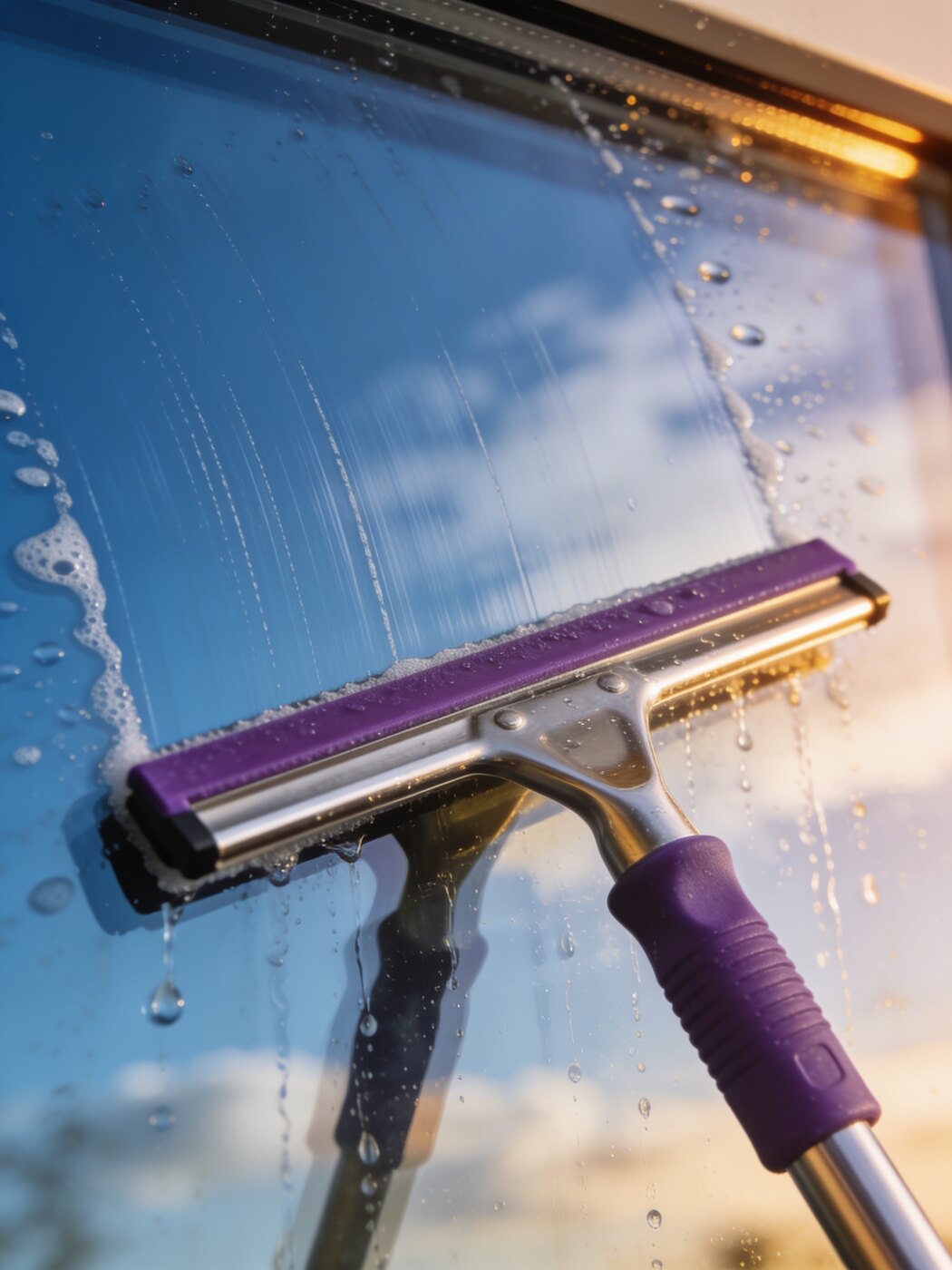 A professional squeegee pulling water across a glass pane